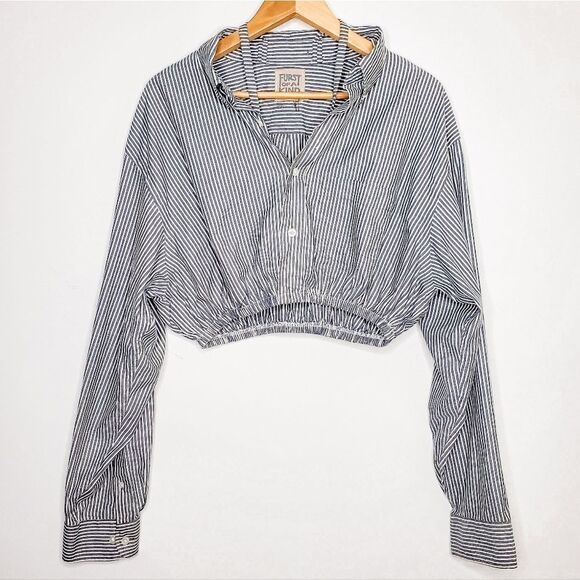 Furst of a Kind Reworked Navy Blue White Striped Strappy Button Down Polo Top OS - Picture 1 of 4